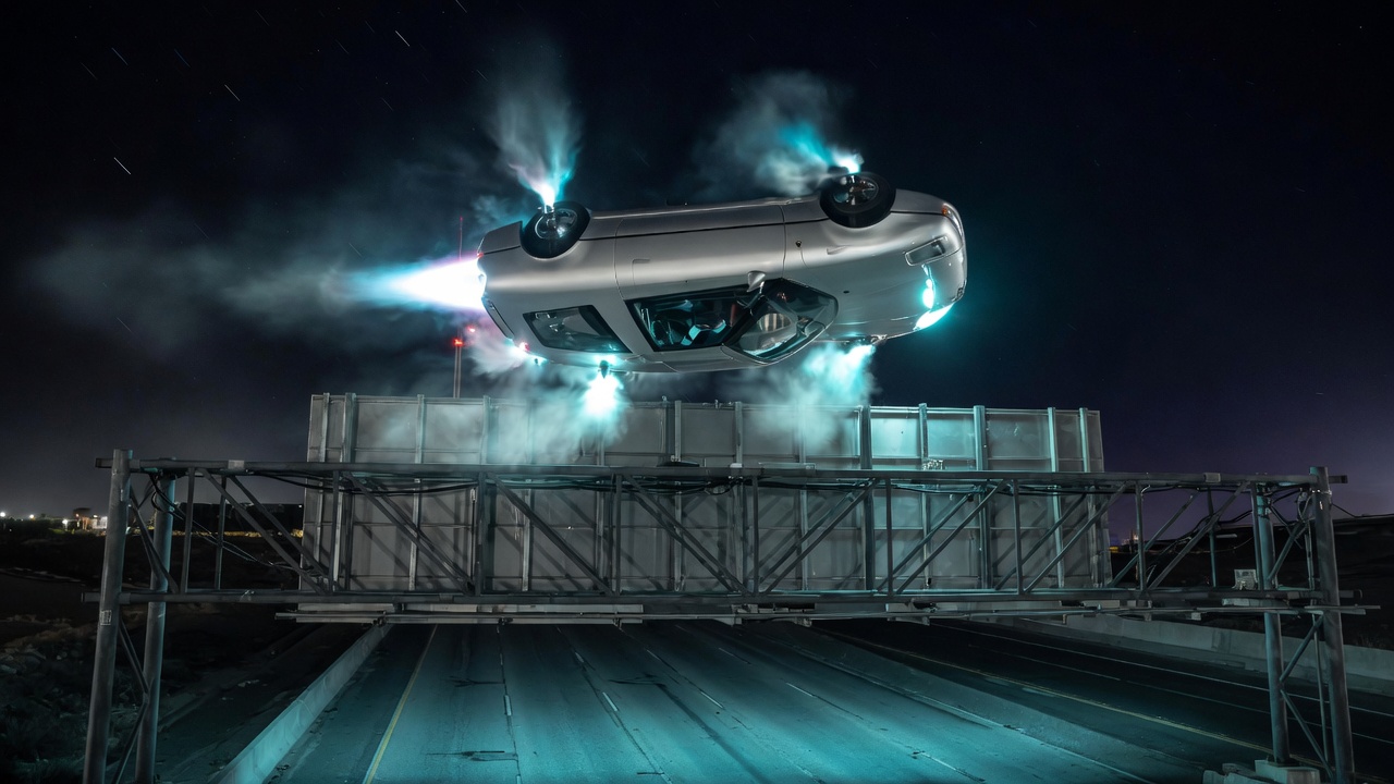 The silver car flies just above an empty highway sign gantry.