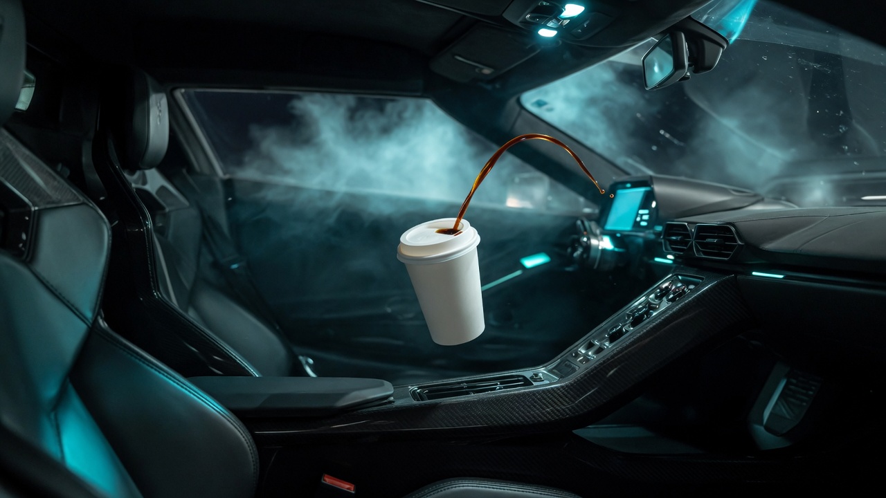 A paper coffee cup hangs in the air inside the cockpit, a ribbon of coffee frozen beside it.