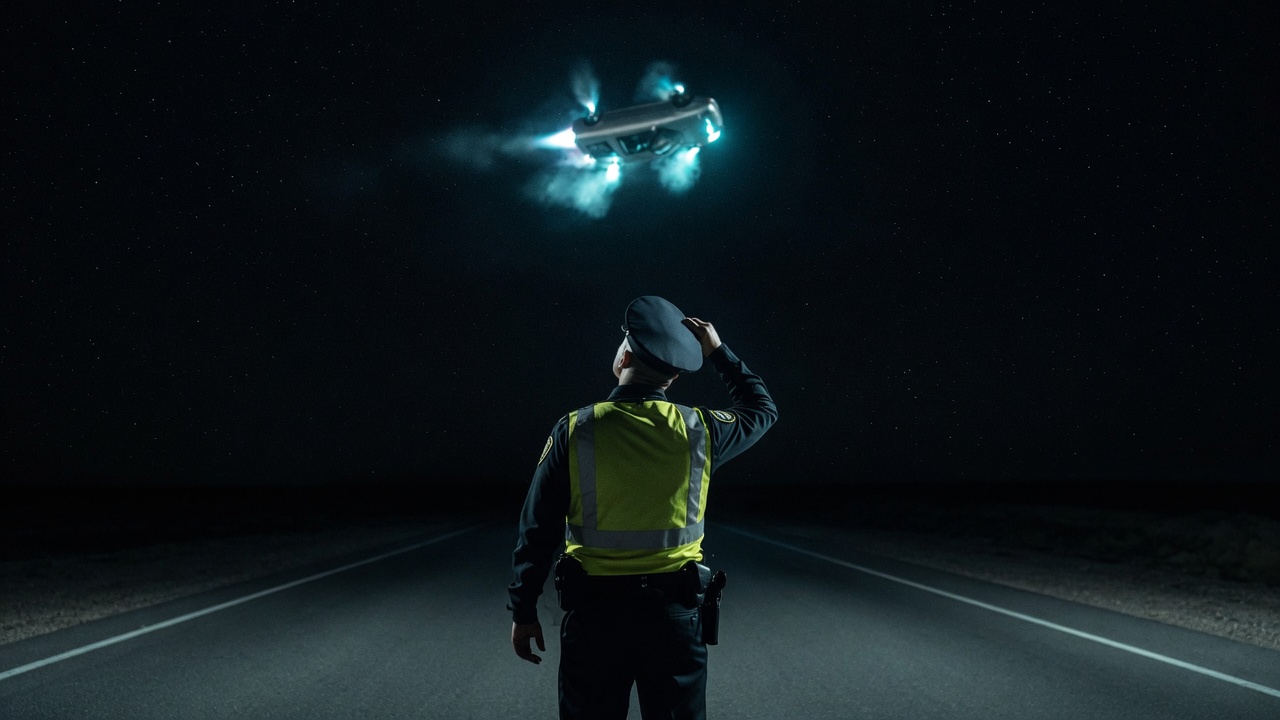 A traffic officer, seen from behind, looks up at the silver car in the night sky.