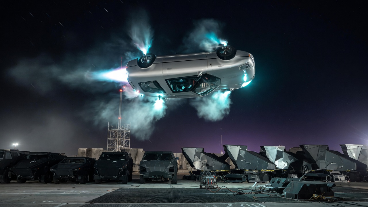 A silver sports car inverted in the air above a row of parked cars on a night test pad, cold-gas vapor pouring from its thrusters.