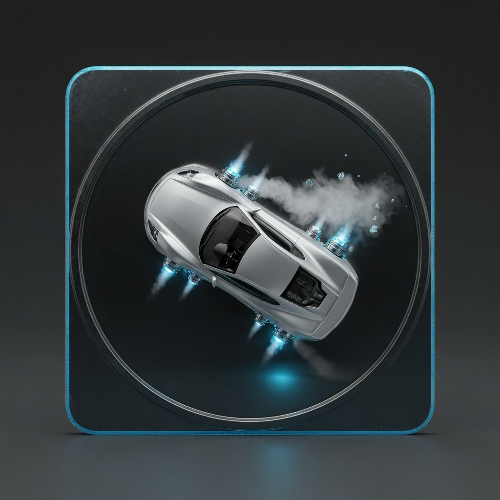 Coin icon: a silver sports car with cyan thrusters on a dark square.