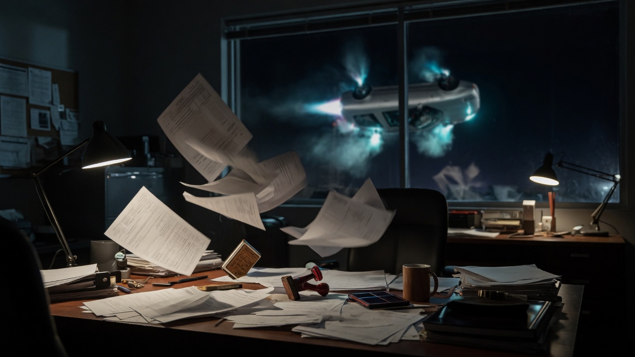 Papers lift off a claims desk while the silver car hangs outside the office window.
