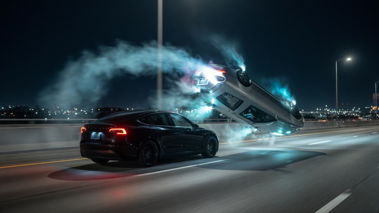 The silver car arcs over a dark sedan that stays in the left lane.
