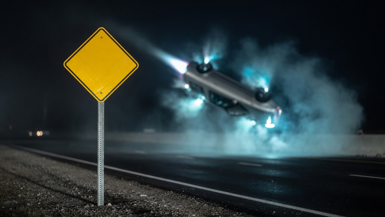 A blank yellow diamond road sign stands in front of the silver car rolling through cold gas.